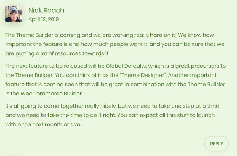 Commento di Nick Roach sulla data di uscita del Divi Theme Builder
